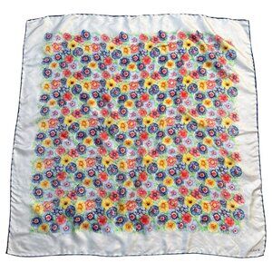 Vintage Echo Silk Scarf With Multicolor Floral Print And Blue Trim Orange Yellow